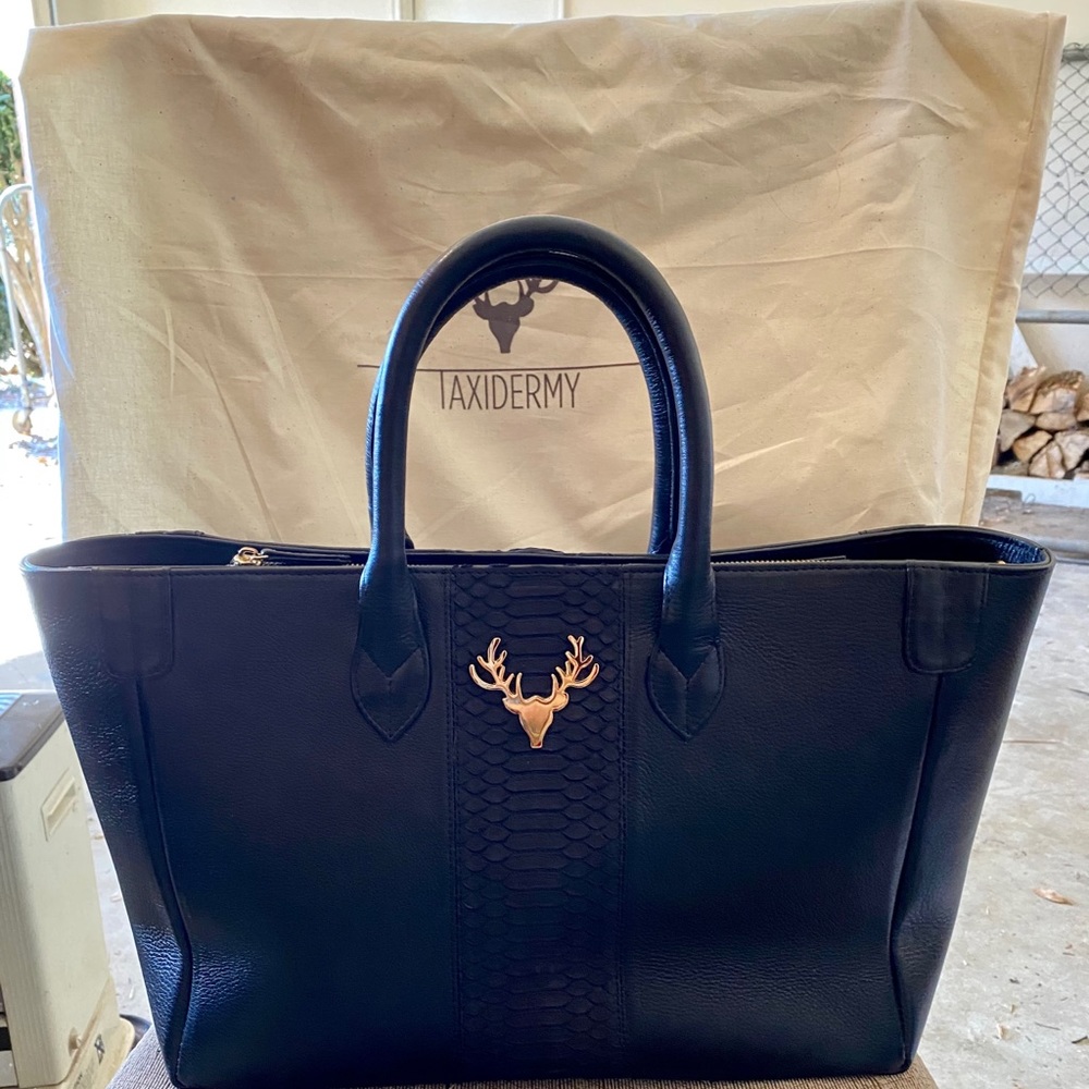 Black Leather Tote with Gold Deer Emblem